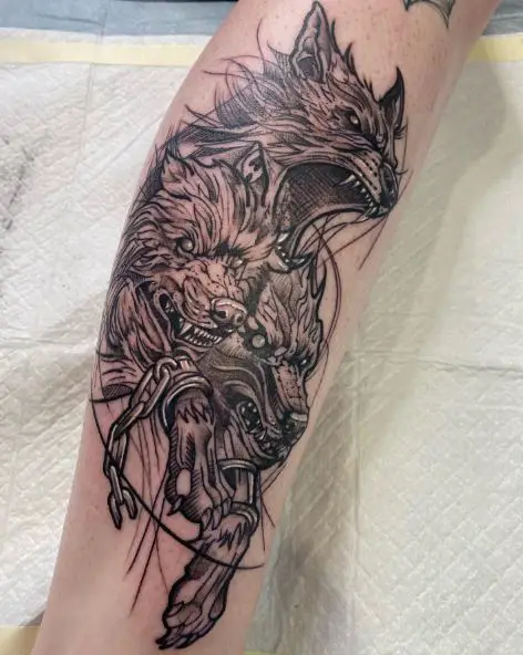 Black and Grey Chain and Cerberus Forearm Tattoo