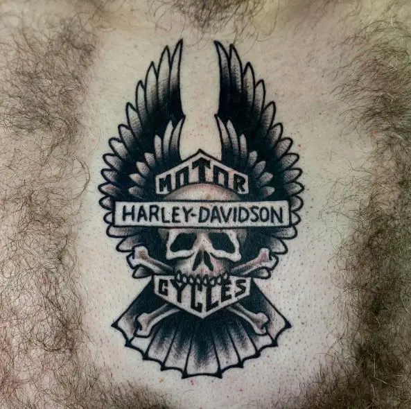 Black and Grey Harley Davidson Medallion, with Skull and Wings Chest Tattoo