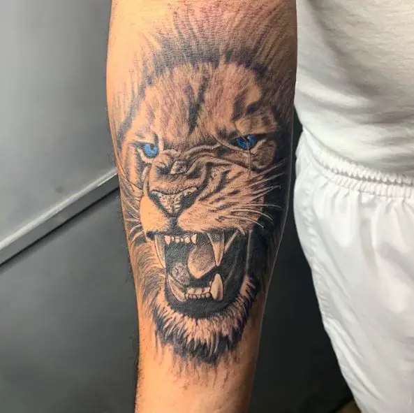 Roaring Lion with Blue Eyes Forearm Tattoo