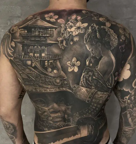 Black and Grey Geisha and Samurai Warrior Full Back Tattoo
