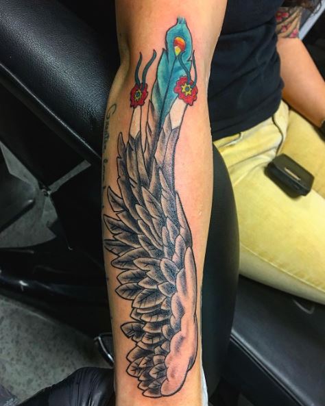 Colored Cherokee Feather Forearm Tattoo