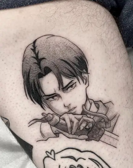 Black and Grey Levi Ackerman with Sword Thigh Tattoo