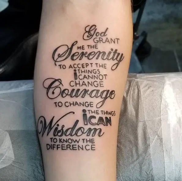 Black and Grey Font Serenity Prayer Quote Forearm Tattoo