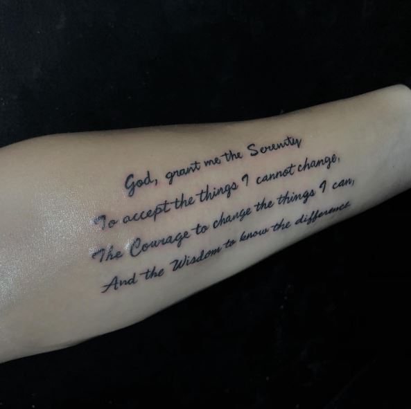 Handwritten Font Serenity Prayer Quote Forearm Tattoo