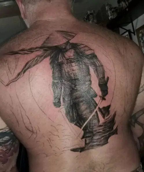 Black and Grey Samurai Warrior with Katana Back Tattoo