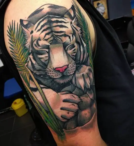 Colorful Plants and Sleepy White Tiger Arm Tattoo