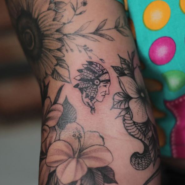 Flowers and Minimalistic Cherokee Chief Arm Tattoo