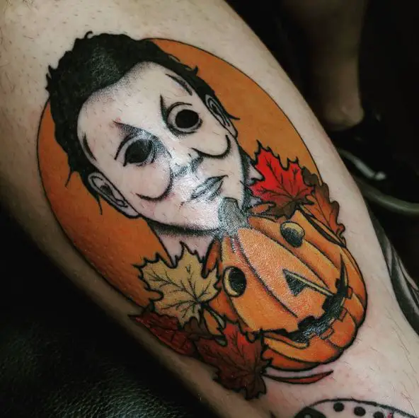 Halloween Pumpkin and Michael Myers Leg Tattoo