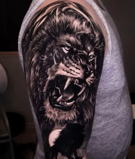 Black and Grey Roaring Lion Arm Sleeve Tattoo
