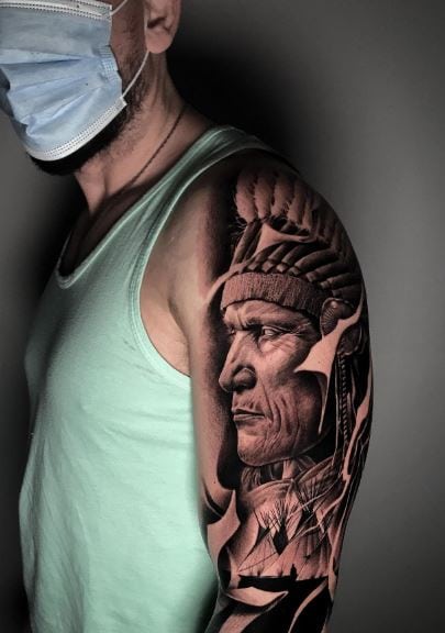 Cherokee Chief with Feathers Hat Arm Tattoo