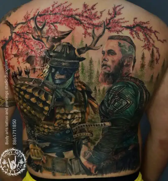 Colorful Viking and Samurai Warriors Full Back Tattoo