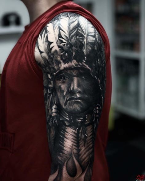 Cherokee Chief with Feathers Hat Arm Sleeve Tattoo