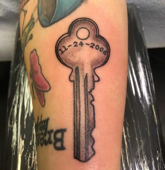 Key with Date Sobriety Forearm Tattoo