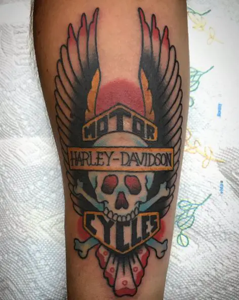 Colorful Harley Davidson Medallion, with Skull and Wings Forearm Tattoo