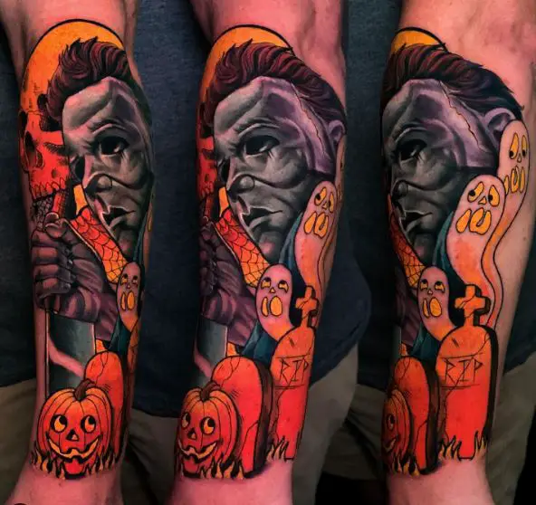 Grave, Pumpkins and Ghosts, with Michael Myers Forearm Tattoo