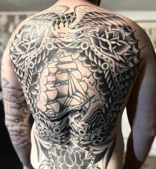 Birds, Flowers and Old Sailboat Full Back Tattoo