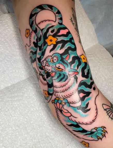 Colorful Flowers and Blue Tiger Arm Tattoo