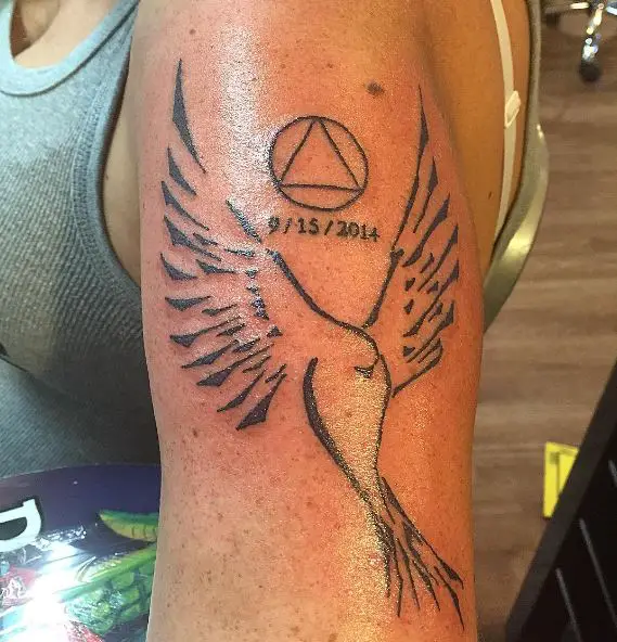 Bird and AA Symbol with Date Sobriety Arm Tattoo