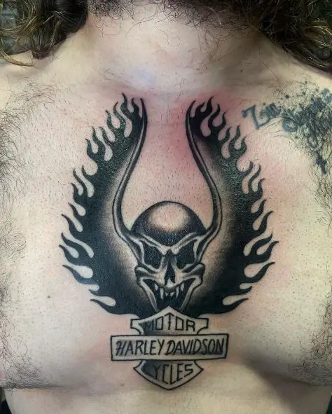 Black and Grey Harley Davidson Medallion, with Devil and Wings Chest Tattoo