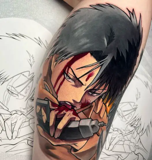Colorful Levi Ackerman with Blood on Face Leg Tattoo