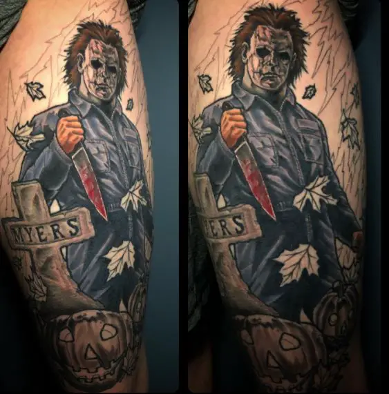 Grave, Pumpkin, and Michael Myers with Bloody Knife Tattoo