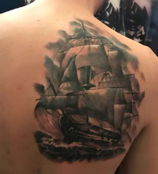 Shaded Old Sailboat Back Tattoo