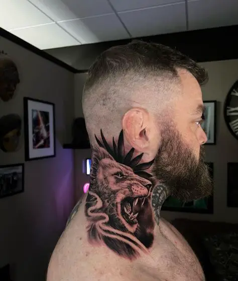 Black Shaded Roaring Lion Neck Tattoo