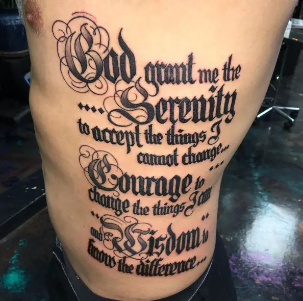 Vintage Font Serenity Prayer Quote Ribs Tattoo