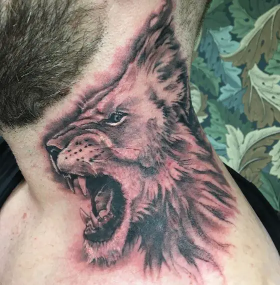 Black and Grey Roaring Lion Neck Tattoo