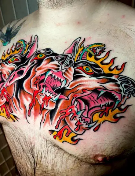 Colorful Traditional Cerberus Chest Tattoo