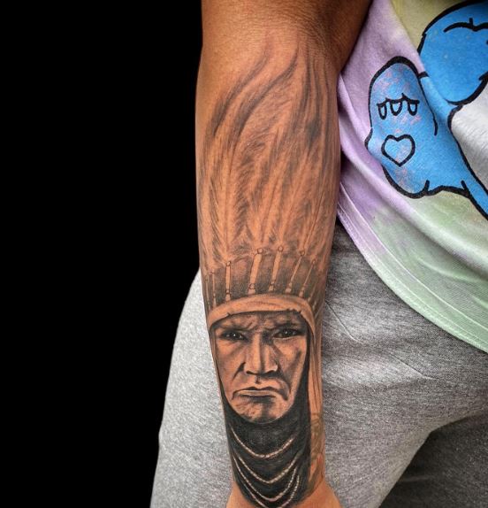 Cherokee Chief with Feathers Hat Forearm Tattoo