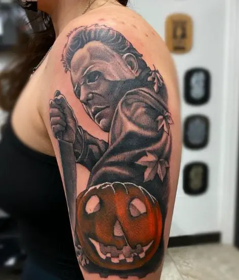 Halloween Pumpkin, and Michael Myers with Knife Arm Tattoo