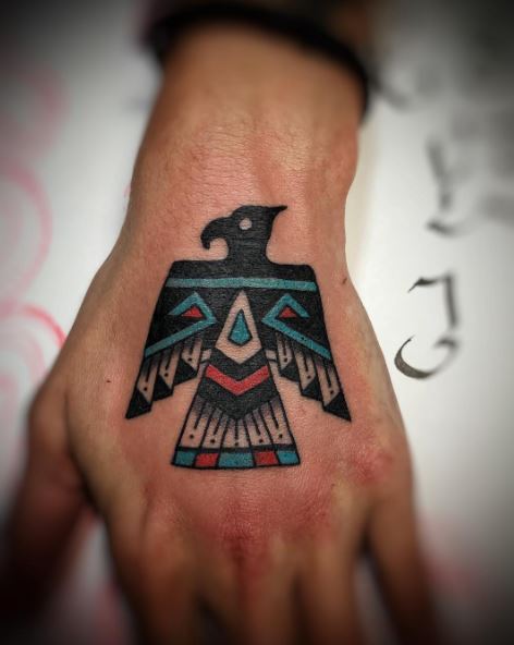 Colored Traditional Navajo Eagle Hand Tattoo