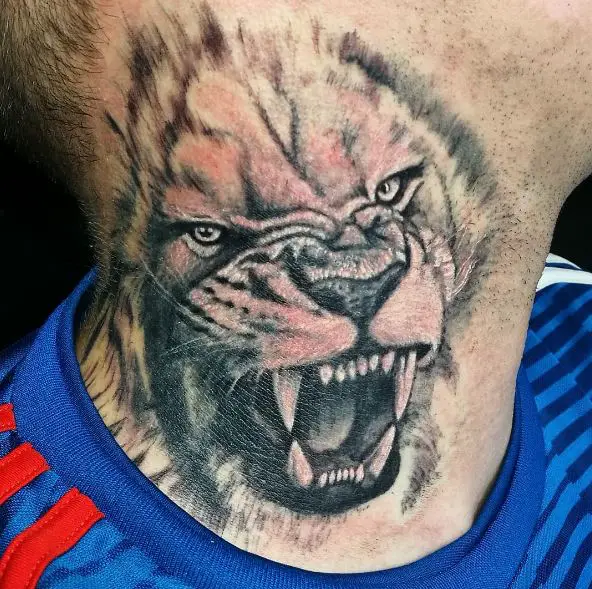 Grey Shaded Roaring Lion Neck Tattoo