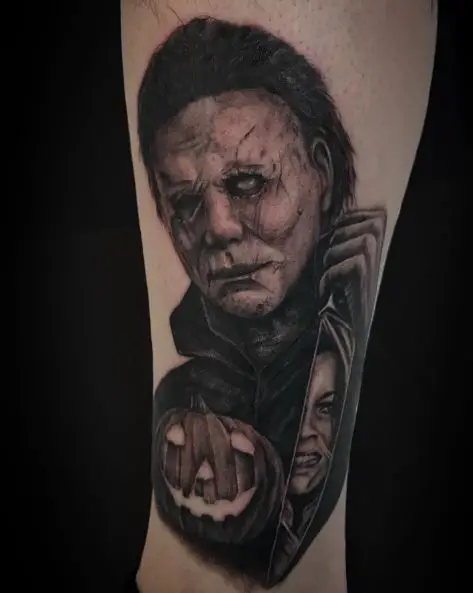 Pumpkin, and Michael Myers with Laurie Strode Face on Knife Tattoo