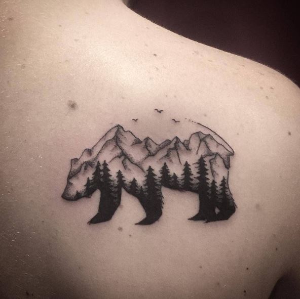 Bear Framed Mountain Forest Shoulder Tattoo