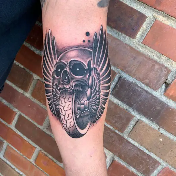 Black and Grey Harley Davidson Medallion, with Skull, Wheel and Wings Forearm Tattoo