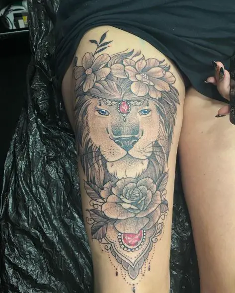 Flowers, and Lion with Jewels Thigh Tattoo