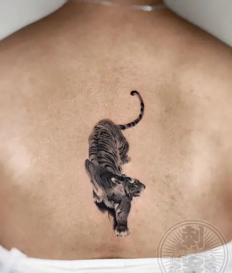 Crawling Black Tiger Stomach Tattoo
