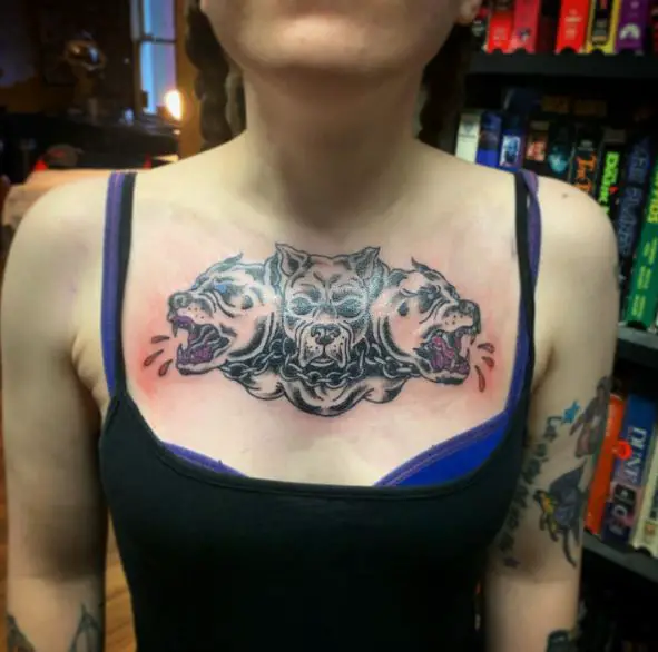 Drops of Blood and Cerberus Chest Tattoo
