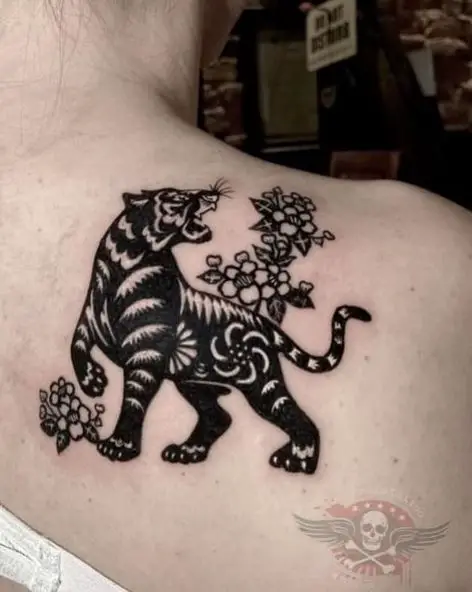Flowers and Traditional Black Tiger Shoulder Tattoo