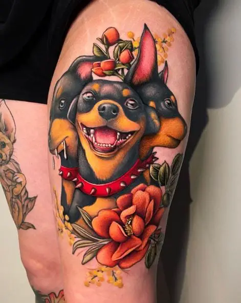 Flowers and Cerberus Puppy Thigh Tattoo