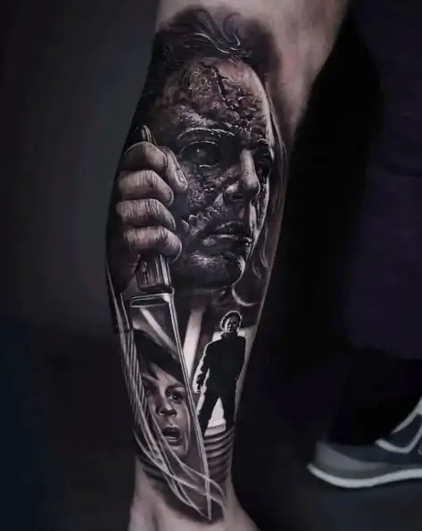 Michael Myers with Knife with Laurie Strode Face on Blade Forearm Tattoo