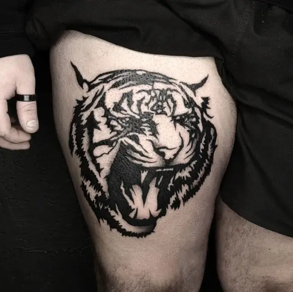 Roaring Black Tiger Thigh Tattoo