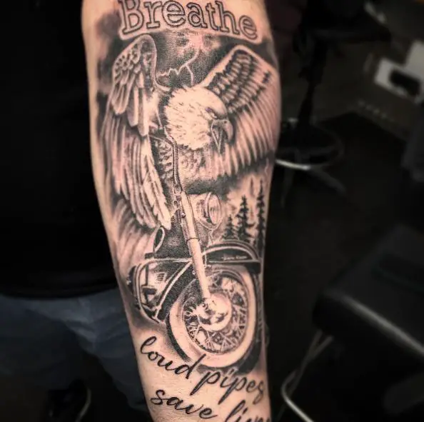 Black and Grey Eagle and Harley Davidson Motorcycle Forearm Tattoo