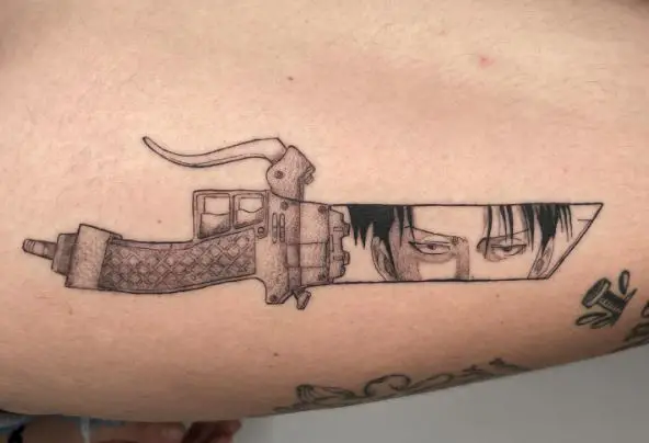 Levi Ackerman Face on Knife Blade Thigh Tattoo
