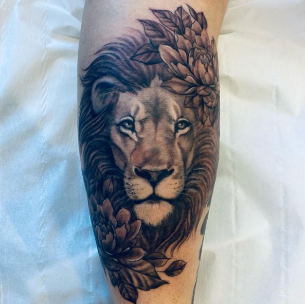 Shaded Flowers and Lion Forearm Tattoo