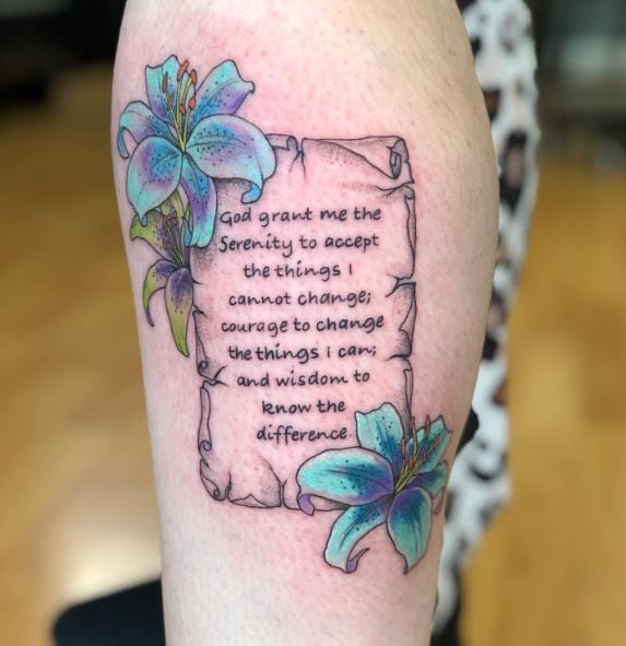Flowers and Serenity Prayer Quote Calf Tattoo