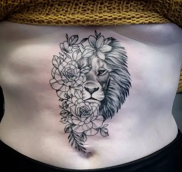 Black and Grey Flowers and Lion Stomach Tattoo