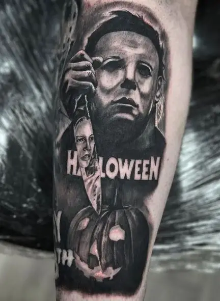 Michael Myers with Knife with Laurie Strode Face on Blade Arm Tattoo